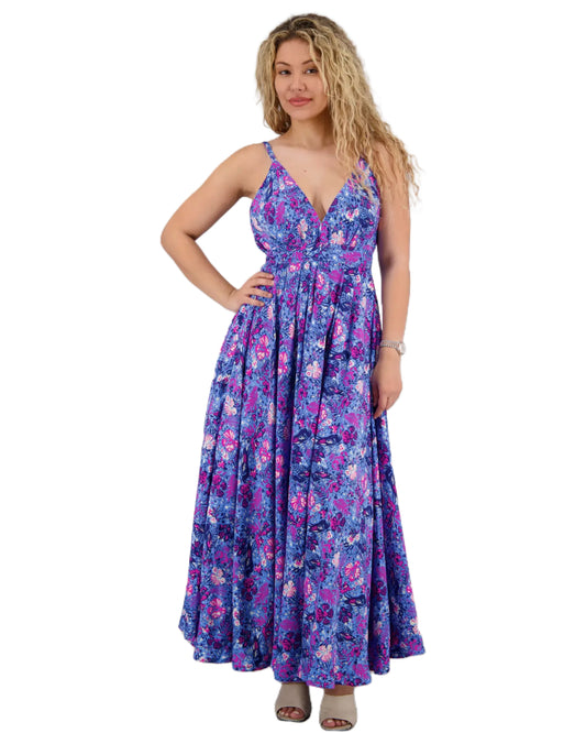 Bohemian Bloom Silk Maxi Dress with Tie Waist