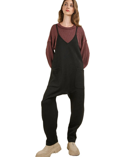 Black Quilted Relaxed Fit Pocket Jumpsuit