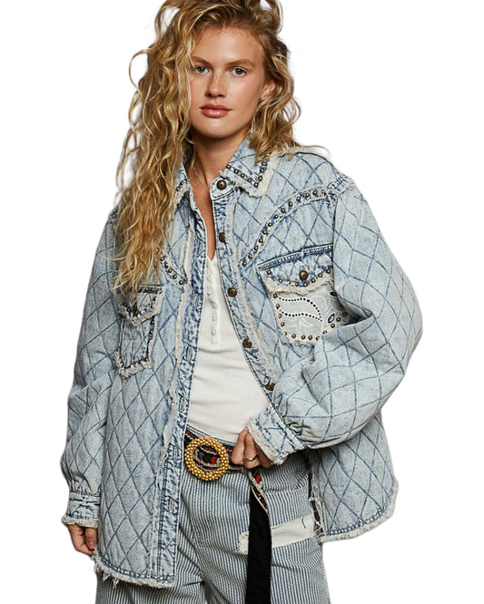 POL Western Patchwork Studded Denim Jacket