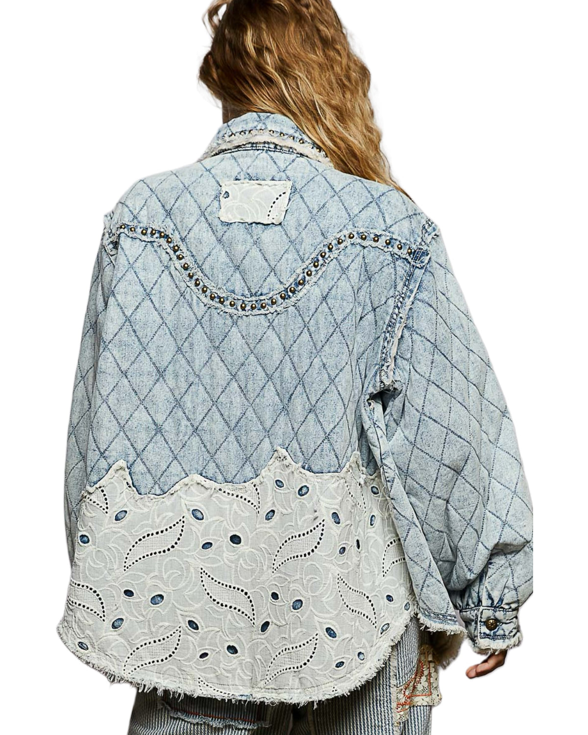 POL Western Patchwork Studded Denim Jacket